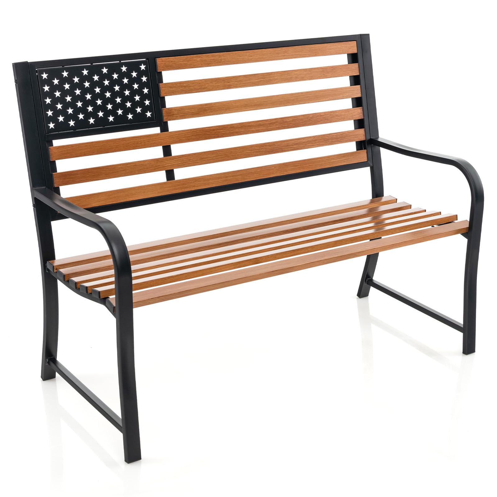 Banc de jardin extérieur Tangkula 50", chaise de patio en métal 2 places avec dossier à motif drapeau et finition en grain de bois rustique